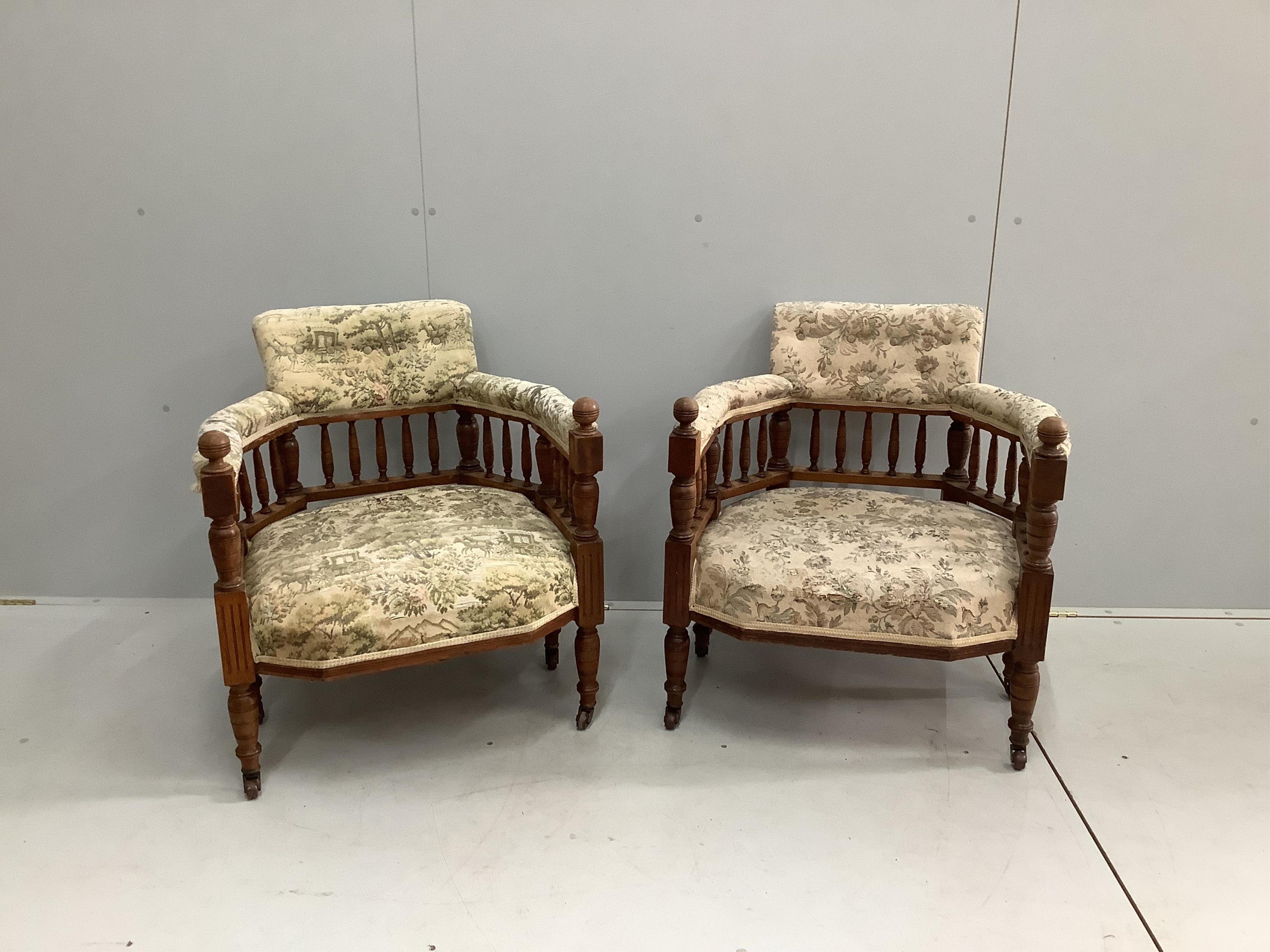 A pair of Victorian oak salon chairs, width 68cm, depth 62cm, height 72cm. Condition - fair